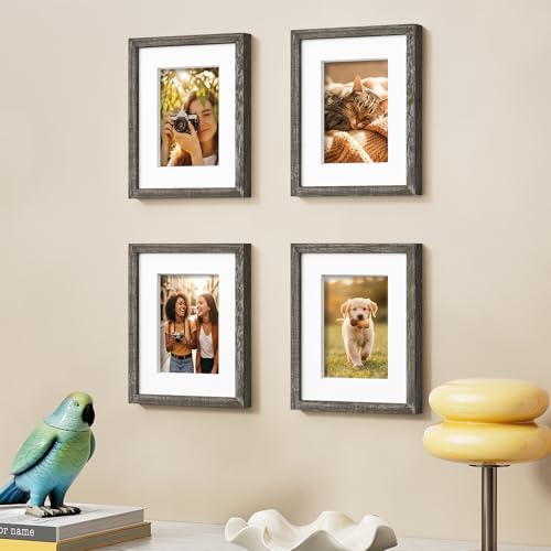 Vittanly Solid Wood 8x10 Picture Frames Set of 4, Distressed Black | 5x7 Picture Frame with Mat, Gallery Wall Frame Set, 8 x 10 Frame for Wall & Tabletop Display, Family, Pet, Christmas - color: Distressed Grey, size: 8x10