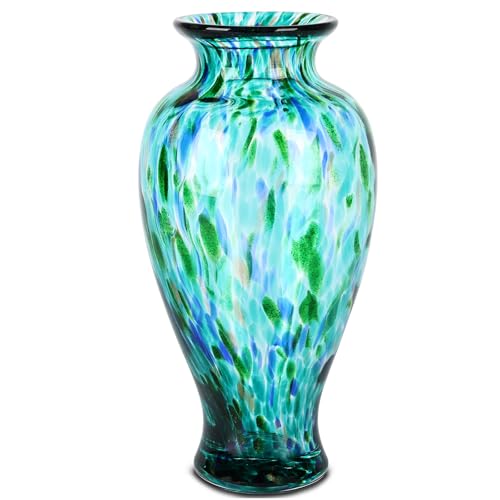 11.8" Tall Glass Vase Beautiful Hand Blown Glass Vase Modern Art Home Decor, Wide Mouth Colorful Vases for Mantle Dining Table Centerpiece, Entryway Living Room Wedding Decoration (Jade Green) - color: Jade Green