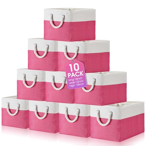 FoldTier 10 Pack Large Collapsible Fabric Storage Baskets with Handles Decorative Storage Bins for Organizing Shelves Toys Clothes (Rose & White,16 x 12 x 10 Inches) - color: Rose & White, size: 16 x 12 x 10 inches