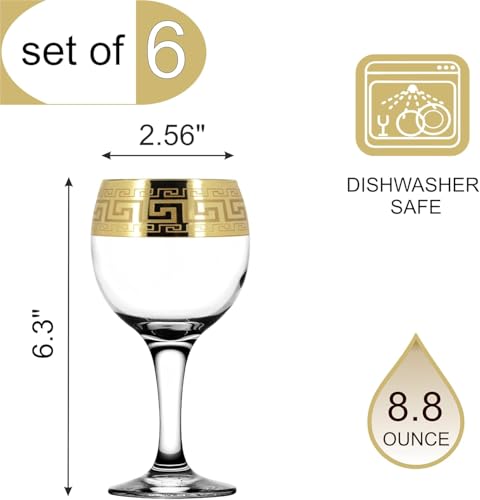 WORLD GIFTS Gold Rimmed Wine Goblet 6-piece Glass Set Greek Key Pattern Contemporary Drinkware - color: Wine