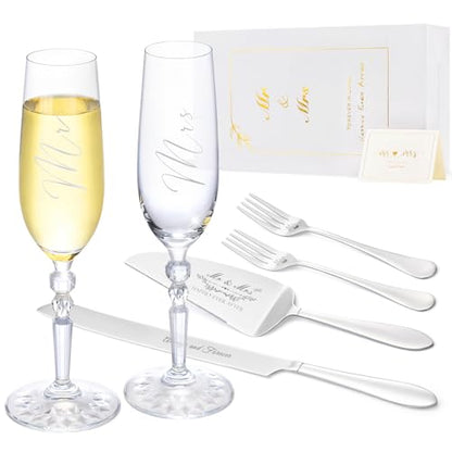 Wedding Cake Knife and Server Set with Forks, Crystal Champagne Flutes | Classical Style Toasting Glasses for Bride and Groom, Wedding Gifts for Couples, Engagement and Bridal Shower Gifts - color: Silver