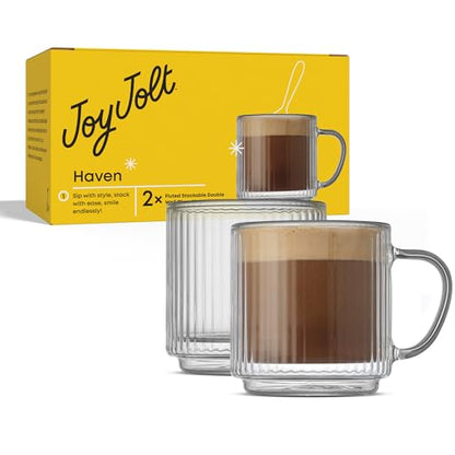 JoyJolt Haven Stackable Fluted Glass Mugs Set of 2, 5.5oz Ribbed Double Wall Glass Coffee Mugs, Stacking Insulated Coffee Cup Set also for Espresso Shot Tea Latte Macchiato Cappuccino - style: Espresso Cups