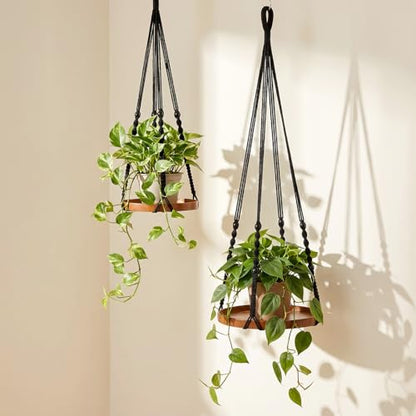 Macrame Plant Hanger 2 Pack, Hanging Planter Shelf Set with Wood Tray for Indoor Plants, Boho Home Decor (Black, Large & Medium)