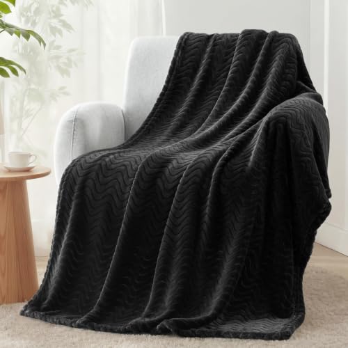 Exclusivo Mezcla Large Fleece Throw Blanket for Couch, Sofa, Black | 50"x70" Soft Breathable Lightweight Flannel Throws for Summer, Plush Cozy Jacquard Wave Blanket for Home Decor - color: Black, size: Throw ( 50x70 IN )