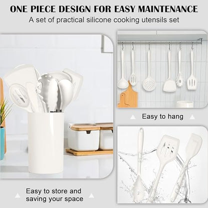 HaWare Kitchen Utensils, 14 PCS Silicone Cooking Utensils Set, Heat Resistant Kitchen Utensils for Non-stick Cookware, Kitchen Gadgets Tools with Spoons, Spatulas, Whisk, Dishwasher Safe (White) - color: White