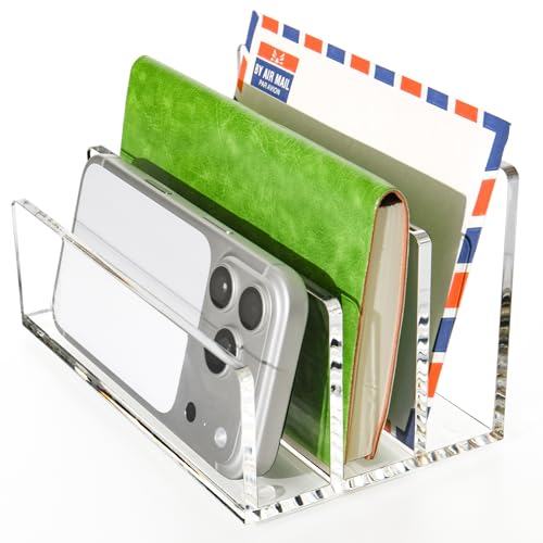 Clear Acrylic 3 Compartment Mail & Letter Organizer for Desk | 5mm thick, 3 compartments organize mail, bills, letters & files. Crystal clear acrylic, non-slip pads. No assembly. - size: 3 Compartments