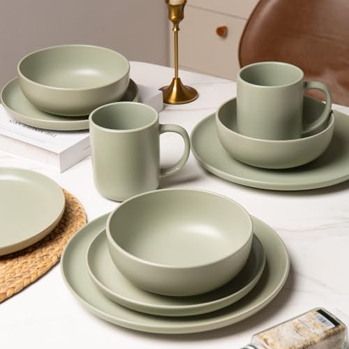 12-Piece Stoneware Dinnerware Set with Mugs | Microwave and Dishwasher Friendly | Stackable Matte Glaze Plates & Bowls | Service for 3 (Green for 3) - color: Green for 3