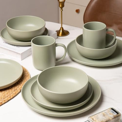 12-Piece Stoneware Dinnerware Set with Mugs | Microwave and Dishwasher Friendly | Stackable Matte Glaze Plates & Bowls | Service for 3 (Green for 3) - color: Green for 3