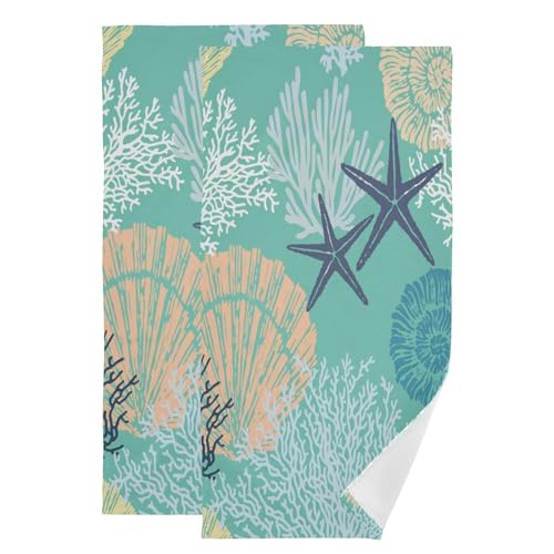 Coastal Turquoise Starfish Hand Towels for Bathroom Set of 2,Absorbent Beach Themed Seashell Coral Ocean Kitchen Towels 14"x28",Decorative Bathroom Towels for Bath,Face,Guest,Hair,Gym,Shower - color: Turquoise
