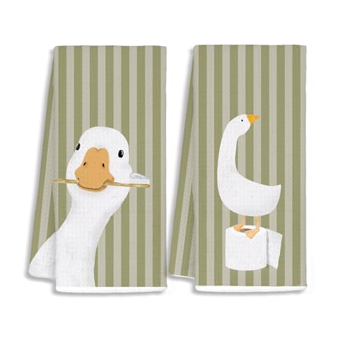 Kids Bathroom Decor, Goose Towels Bathroom Decor, Toddler Bathroom Towel, Cute Duck Green Farm Animal Dish Towels Gifts for Washroom Restroom 16x24 Inch Set of 2 - color: Green Stripes Silly Goose