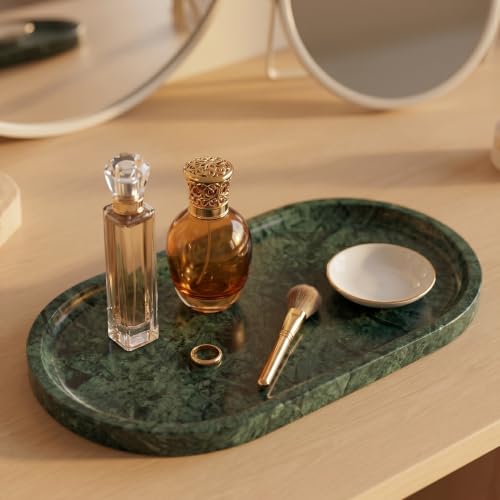 YKAJO Jade Green Oval Marble Tray, 11.8x5.9 Vanity Perfume Organizer Dish | Honed natural stone; jewelry & trinket dish, ring & key holder, soap & candle catchall; bath counter, dresser, coffee table - color: Jade Green, size: 11.8" x 5.9" x 0.6"
