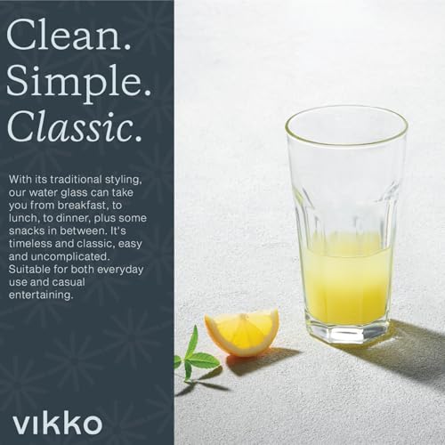 Vikko Drinking Glasses, 9 Ounce Glass Cups, Durable Glasses Drinking Set of 6, Stackable Water Glasses, Highball Glasses, Heavy Base Tumblers & Water Glasses, Dishwasher Safe Cups for Kitchen - style: 9 Ounce- Set of 6