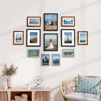 Vittanly 12 Pack Gallery Wall Frame Set, Black, Walnut Brown, Grey | Gallery Wall Frame Set: 4pcs 8x10, 4pcs 5x7 & 4pcs 4x6 Photos for Wall & Table, Picture Frames made of Engineered Wood - color: Black & Walnut Brown & Grey