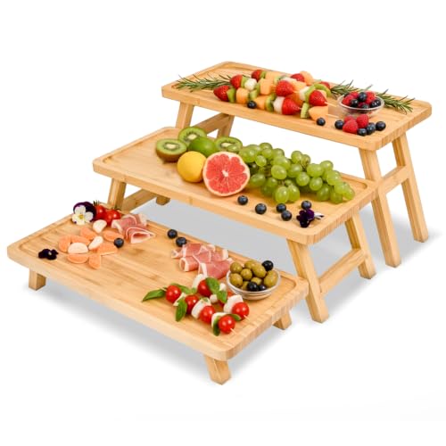 3 Tier Serving Tray, Wooden Tiered Stand for Charcuterie | Tiered wooden food display for cupcakes, cheese and appetizers; ideal for dessert tables, parties, weddings and events.