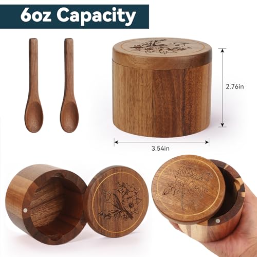 Salt Cellar, 2PCS Salt Container Acacia Wood Salt and Pepper Box for Countertop with Built-in Spoon & Swivel Lid, Wood Salt Holder Bowl for Kitchen, Seasoning Storage (Rose & Bird Engraving) - color: Acacia Wood Rose and Bird Set