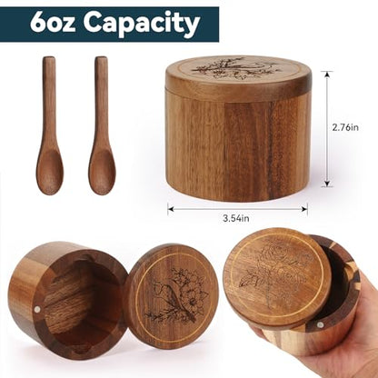 Salt Cellar, 2PCS Salt Container Acacia Wood Salt and Pepper Box for Countertop with Built-in Spoon & Swivel Lid, Wood Salt Holder Bowl for Kitchen, Seasoning Storage (Rose & Bird Engraving) - color: Acacia Wood Rose and Bird Set