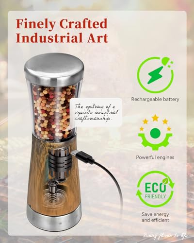 Electric Salt and Pepper Grinder Set with Storage Base, Stainless Steel Rechargeable Salt and Pepper Grinder Set with 4.5 oz Large Capacity, 1.8" Wide Mouth, Adjustable Coarseness, Ideal for Kitchen - color: Dark Wood Grain