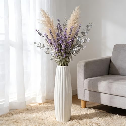 White Tall Ceramic Floor Vase, 24 Inch, Ribbed Drum Design | Glossy Glazed Finish, Living Room, Fireplace, Entryway, Pampas Grass - color: Vertical Stripes, size: Height-24 Inch