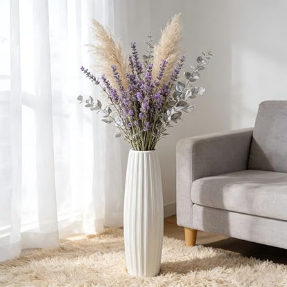 White Tall Ceramic Floor Vase, 24 Inch, Ribbed Drum Design | Glossy Glazed Finish, Living Room, Fireplace, Entryway, Pampas Grass - color: Vertical Stripes, size: Height-24 Inch