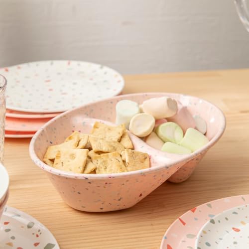 Confetti Divided Bowl Set of 2, 100% Melamine BPA-Free Stackable Unbreakable Bowls with Two Compartments, Ideal for Snacks, Chips & Dips, Cereal, Dishwasher-Safe Color: Pink - color: Confetti Pink