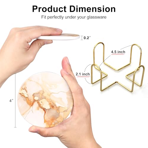 6 Pcs Gold Marble Abstract Ceramic Coasters with Holder Best Round Drink Absorbent Coaster for Desk, Lounge, Coffee Table, Wine, Beverage, Bar Coasters Set - color: Gold