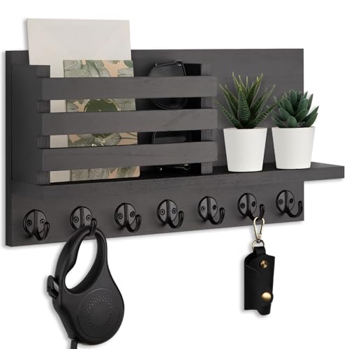 Lwenki Key Holder for Wall – Decorative Wooden Mail Holder and Key Shelf with Mounting Hardware, Installation Guide – Paulownia Wood with Metal Key Hooks (Black, Extra Large - 15.6inch) - color: Black, size: Extra Large - 15.6inch