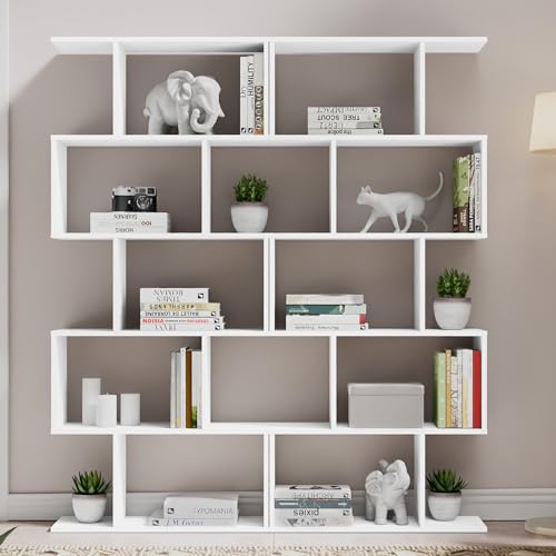 Set of 2 Geometric Bookcase, S-Shaped Modern Bookshelf, Room Divider Bookshelf, 62" Tall Unique Abstract Bookcase with 5-Tier Display Shelf for Living Room Office, White - color: White