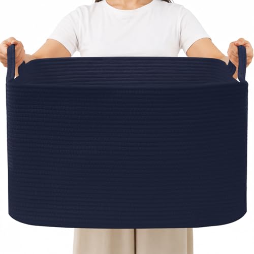 96L Woven Laundry Basket with Handles, Extra Blanket Basket,Navy | 24"×16"×15" Collapsible Cotton Rope Storage Basket for Toys Clothes & Pillows, Nursery, Bathroom, Bedroom, Living Room - color: Navy, size: 96L