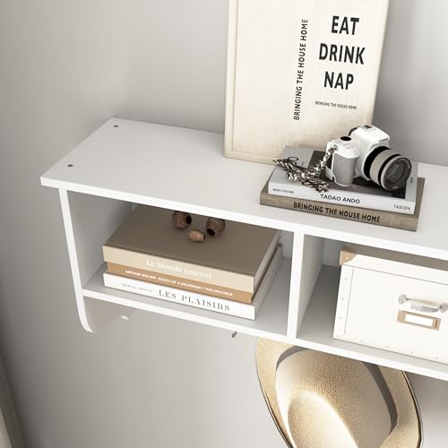 Wall Mounted Coat Rack Shelf,4 Dual Hooks,3 Cubbies,White | 4 dual nickel finish hooks.3 built-in cubbies plus shelf.Holds 55 lbs,MDF,smooth laminate finish.Easy clean,hardware included - color: White