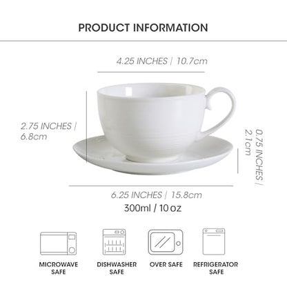 10OZ Porcelain Cappuccino Cups with Saucers, Ceramic Espresso Cups Set, White Coffee Cup and Saucer, White Tea Cup Set, Dishwasher & Microwave Safe, Gift for Anniversary or Housewarming (4PCS) ﻿
