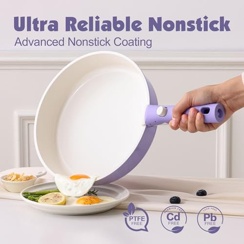 SENSARTE 17 Piece Ceramic Detachable Handle Pots and Pans Set Purple | Ceramic Cookware Set, Induction Cookware Set with Removable Handle, Healthy Non Stick for RV, Dishwasher ＆ Oven Safe - color: Purple, size: 17 Piece