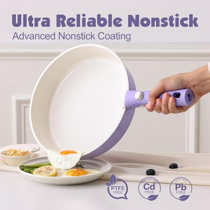 SENSARTE 17 Piece Ceramic Detachable Handle Pots and Pans Set Purple | Ceramic Cookware Set, Induction Cookware Set with Removable Handle, Healthy Non Stick for RV, Dishwasher ＆ Oven Safe - color: Purple, size: 17 Piece