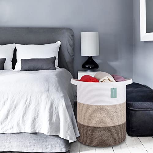 Cotton Rope Blanket Basket, 72L Laundry Hamper, White & Ombre Brown | 16"x 22", Large Collapsible Woven Nursery Hamper with Sturdy Handles for Clothes Toys Towels, Bedroom Living Room Bathroom - color: White & Gradient Brown, size: 72L (16"x22")