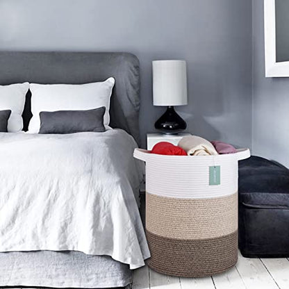 Cotton Rope Blanket Basket, 72L Laundry Hamper, White & Ombre Brown | 16"x 22", Large Collapsible Woven Nursery Hamper with Sturdy Handles for Clothes Toys Towels, Bedroom Living Room Bathroom - color: White & Gradient Brown, size: 72L (16"x22")