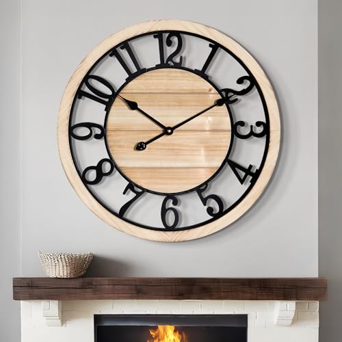 LEIKE 24 Inch Large Wall Clock - Rustic Wooden Silent Non-Ticking Wall Clock with Black Metal Frame, Vintage Farmhouse Decorative for Living Room, Bedroom, Kitchen - Arabic Numerals, Modern Design - color: Arabic Numerals, size: 24 inch