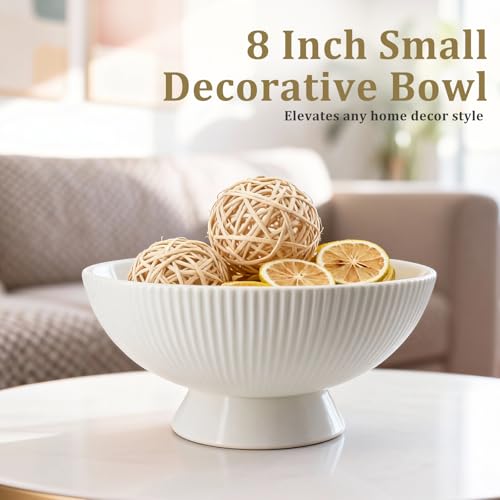 Gutedeal Small Decorative Bowl 8 Inch Multi-Use White Ceramic Fruit & Key Bowl for Kitchen, Entryway, Centerpiece Modern Handcrafted Home Decor Pedestal Bowl & Wedding Gift - size: 8 Inch