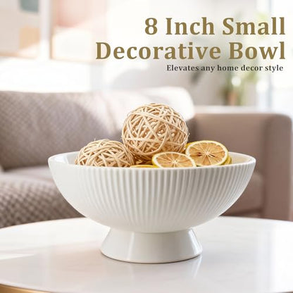 Gutedeal Small Decorative Bowl 8 Inch Multi-Use White Ceramic Fruit & Key Bowl for Kitchen, Entryway, Centerpiece Modern Handcrafted Home Decor Pedestal Bowl & Wedding Gift - size: 8 Inch