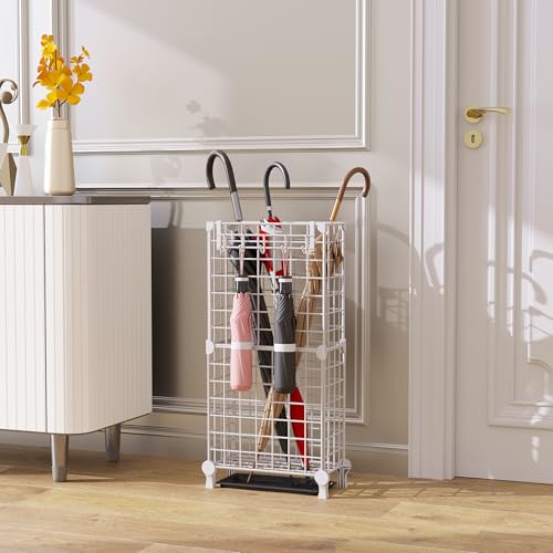 AWTATOS Umbrella Holder Entryway, Umbrella Stand Freestanding, White | Metal Square Umbrella Rack Organizer with a Removable Drip Tray, Hooks - color: White