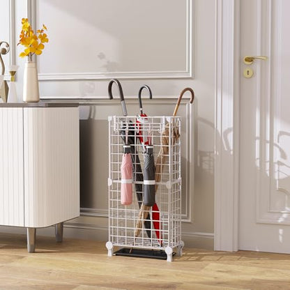 AWTATOS Umbrella Holder Entryway, Umbrella Stand Freestanding, White | Metal Square Umbrella Rack Organizer with a Removable Drip Tray, Hooks - color: White