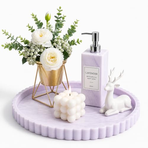 Silicone Bathroom Vanity Trays for Counter - 9.1 Inch Round Small Bathroom Tray with Scalloped Edge, Coffee Table Decor, Decorative Tray for Candle Key Skincare Perfume Storage, Marble White Purple - color: Marble White Purple, size: 9.1"