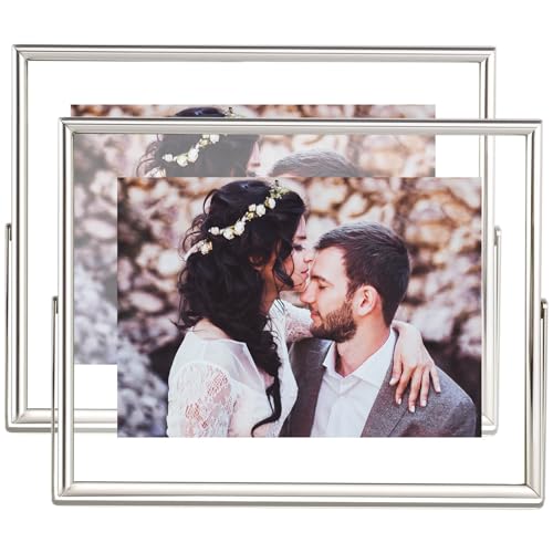 5x7 Floating Picture Frames Set of 2, Made of Metal and Double Real Glass, for Photo Size up to 7x9, Tabletop Display Home or Wedding Decoration (Horizontal Silver) - color: Silver (Horizontal), size: 7x9 for 5x7 (2 Pcs)