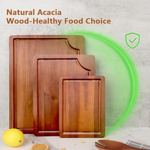 AIDEA Wood Cutting Board, Wooden Cutting Boards for Kitchen, Acacia Wood Chopping Board Set of 3 with Deep Juice Groove, for Meat, Vegetables, and Fruit - color: Brown