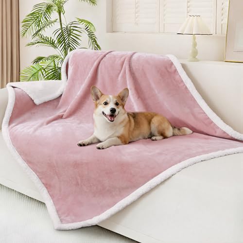 Smiry Waterproof Blanket Throw, Reversible Dog Blanket for Sofa Couch Bed | Soft Leakproof Sherpa Fleece, Washable Furniture Couch Protector for Large Dogs Cats, 50"x60", Pink/White - color: Pink/White, size: 50"x60"