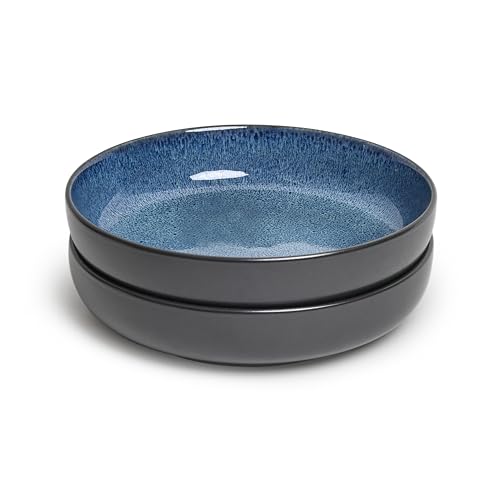 Sango Resona Blue & Black Large Serving Bowl (Set of 2), 64.25 oz, 10" Stoneware Bowls for Pasta, Salad & Dinner, Ceramic Bowls for Entertaining with Glossy Reactive Glaze, Dishwasher & Microwave Safe - color: Blue, size: Serving Bowls