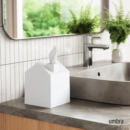 Umbra Casa Tissue Box Cover, House Shaped Kleenex Box Holder, Square, White | Adds decorative touch to rooms, easy one hand retrieval, wipe with damp cloth, durable plastic - color: White