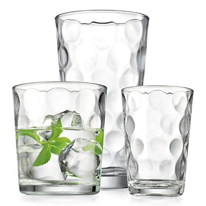 Home Essentials & Beyond Glassware Set 18 Piece Mixed Drinkware Set. 6 Highball Tumblers-17 oz., 6 Rock Whiskey-13 oz., and 6 Juice-7 oz. All Size Glass Cups Drinking Glasses. (Design on Inner Glass)