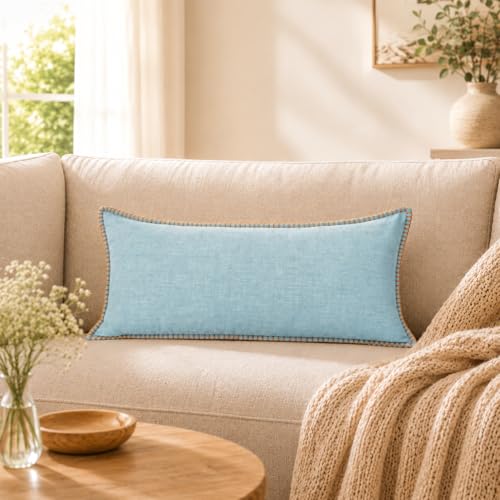 JoraLion Chenille Decorative Lumbar Pillow Cover 14x24 Light Blue | Chenille Trimmed Tailored Edges Farmhouse Solid Dyed Soft Cushion Case for Couch Sofa Bed Living Room, Pack of 1 - color: Light Blue, size: 24" x 14" (Pack of 1)