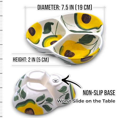3-Compartment Ceramic Serving Dish, Handmade in Spain | 7.5” divided chip and dip bowl with lead-free glaze, microwave, oven and dishwasher safe, ideal for tapas, snacks and sauces - color: Rustic Avocado