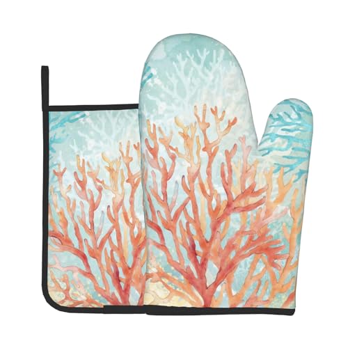 Giwawa Coastal Coral Oven Mitts and Pot Holder Set of 2 Beach Ocean Heat Resistant Kitchen Oven Mittens Potholders for Baking Cooking Grilling BBQ - color: Coastal Coral