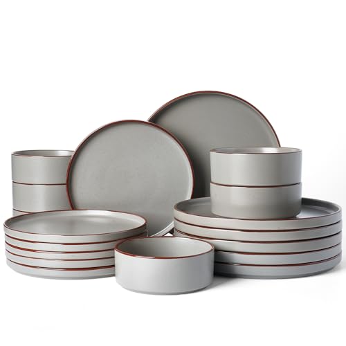 Famiware Nebula Ridge 18-Piece Stoneware Dinnerware Set, Dark Gray | Plates and Bowls for 6, Warm Hand-Painted Rims, Microwave and Dishwasher Safe, Daily Essentials - color: Dark Gray, size: Service for 6 (Standard Dinner Set)